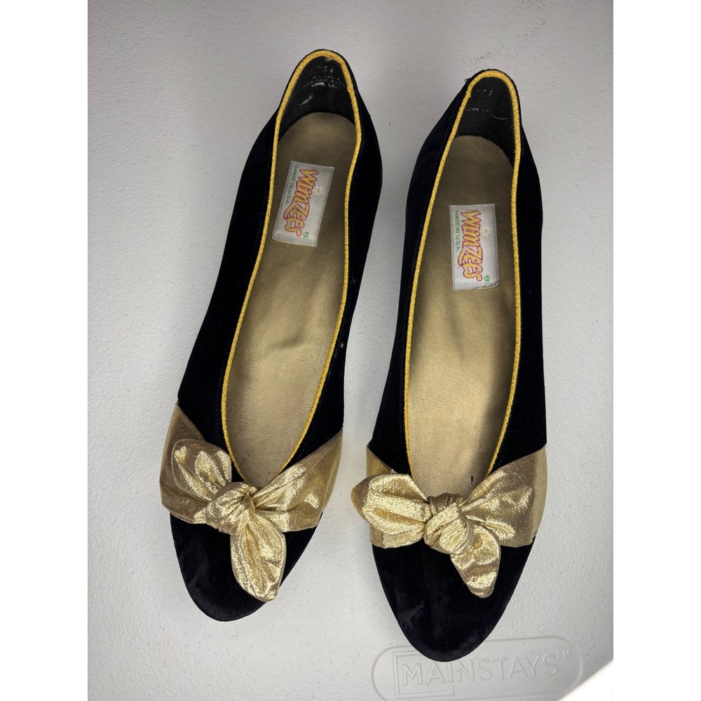 Vintage Wimzees Black Velvet Gold Bow Ballet Flats Made in USA Womens 9.5